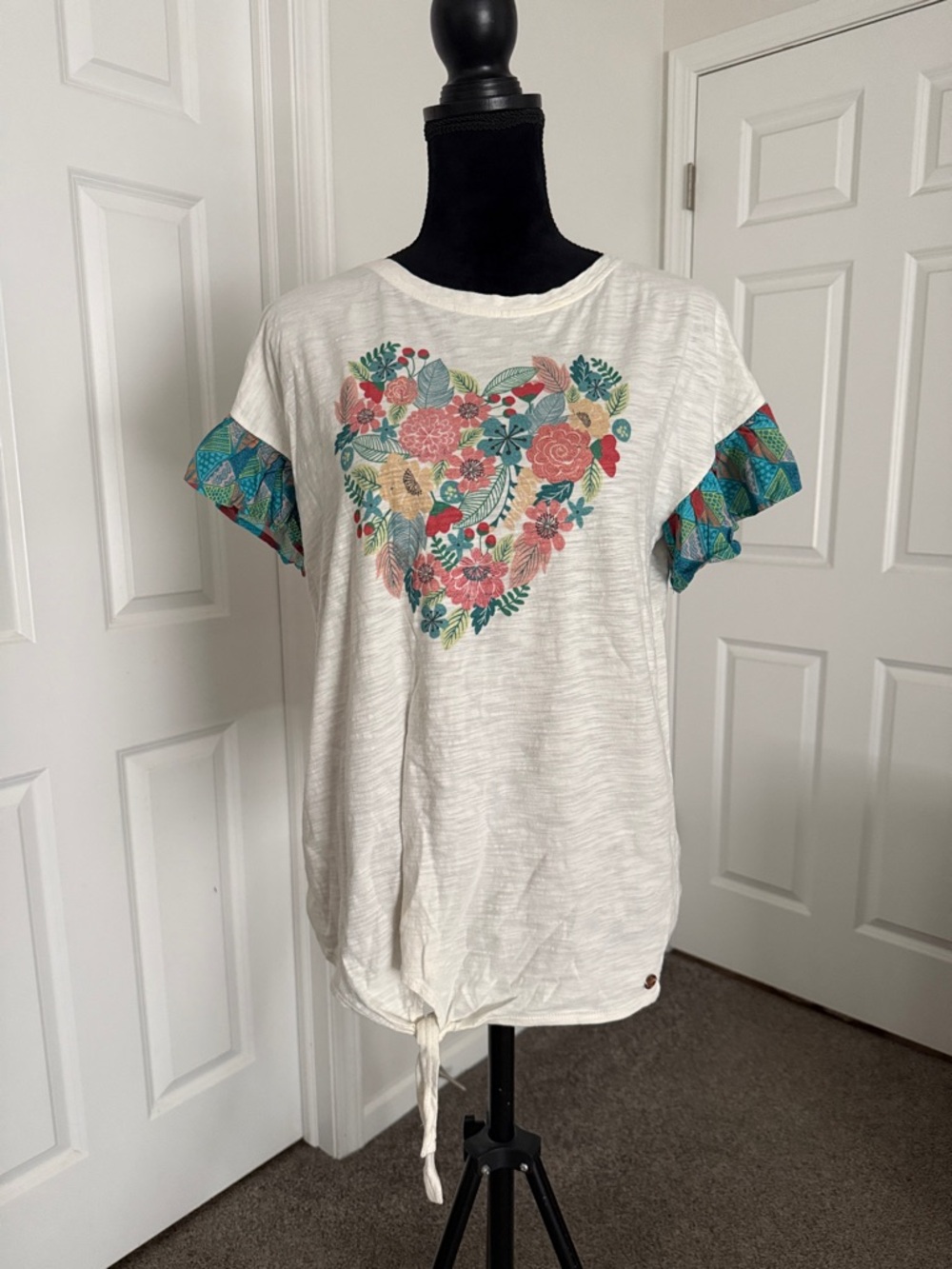 Matilda Jane White Tee with Floral Heart and Teal Sleeve Accents